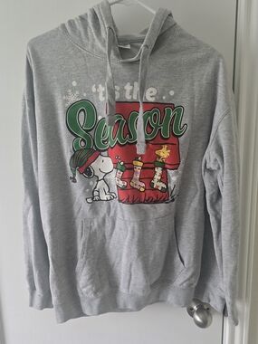 Peanuts Gray Hoodie with Red & Green Holiday Graphic